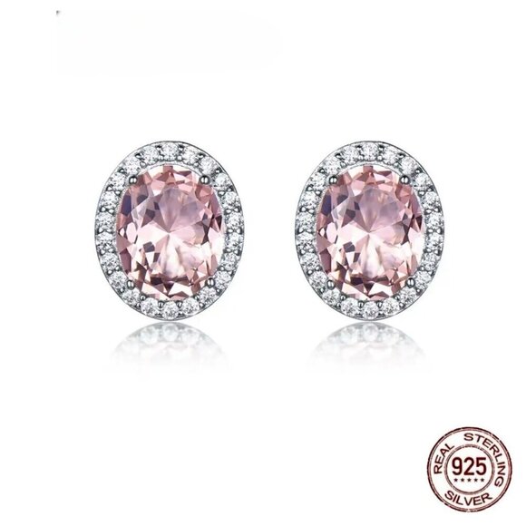 NWT Oval Pink Sapphire Stud Earring 14K Gold Over 925 Silver CZ Halo Feminine - Picture 1 of 8